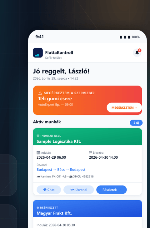 FlottaKontroll sofőr mobil app